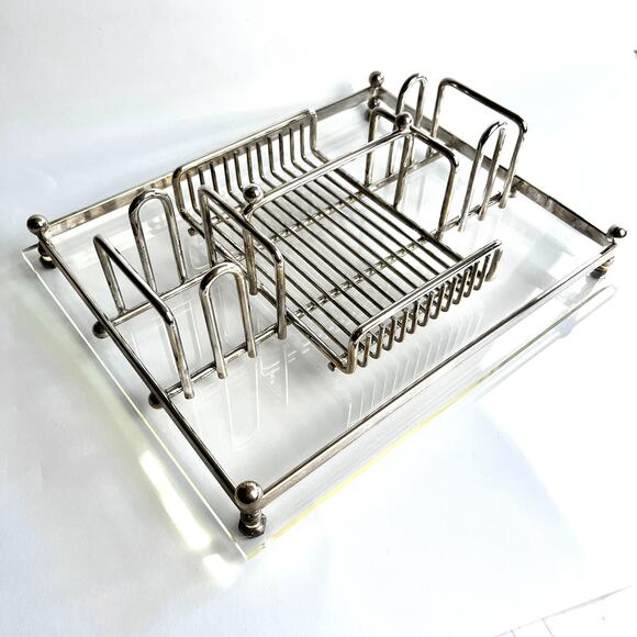 Vintage Lucite & Silver Tone MCM Tabletop Caddy Silverware Desk Vanity Organizer